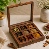 Athena Home Sheesham Wooden Spice Box with Spoon | 9 Compartments | Glass Lid | Removable Partitions
