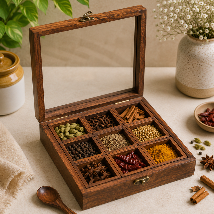 Athena Home Sheesham Wooden Spice Box with Spoon | 9 Compartments | Glass Lid | Removable Partitions