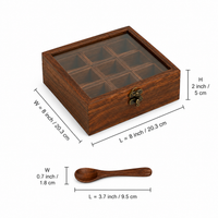 Athena Home Sheesham Wooden Spice Box with Spoon | 9 Compartments | Glass Lid | Removable Partitions