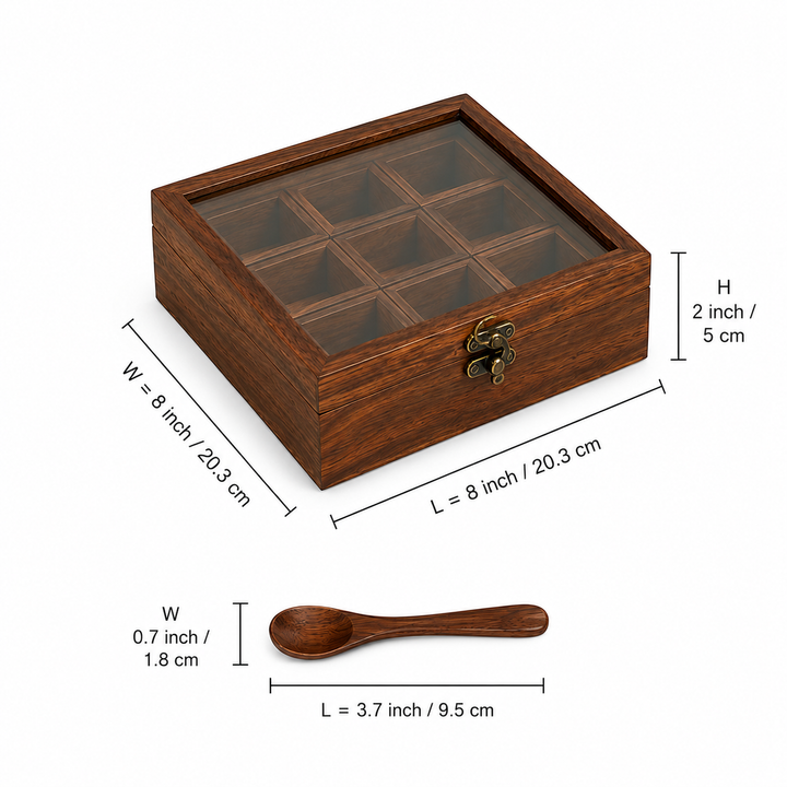 Athena Home Sheesham Wooden Spice Box with Spoon | 9 Compartments | Glass Lid | Removable Partitions