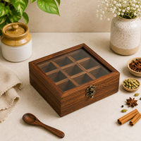 Athena Home Sheesham Wooden Spice Box with Spoon | 9 Compartments | Glass Lid | Removable Partitions