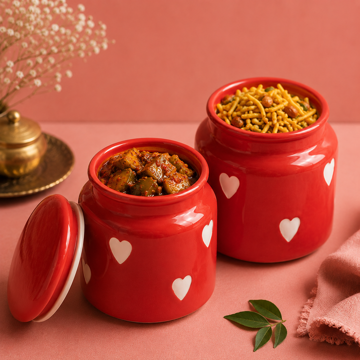 Athena Home Heart Print Red Ceramic Airtight Jar Set of 2 | Storage Containers with Lid | 800 ml