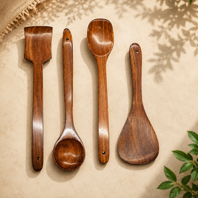 Athena Home Sheesham Wooden Kitchen Utensil Set | 4-Piece Cooking & Serving Spoon Set