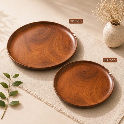 Athena Home Sheesham Wooden Dinner Plate Set of 2 | 12 Inch & 10 Inch Wooden Dinner Plates | Multipurpose Dining Plates