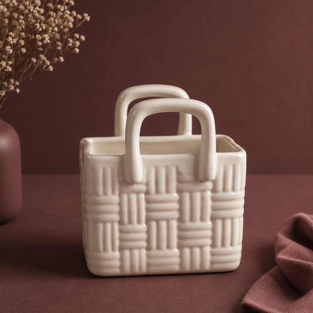 Athena Home Ceramic Storage Basket | Decorative Organizer with Handles | Multipurpose Tabletop Basket