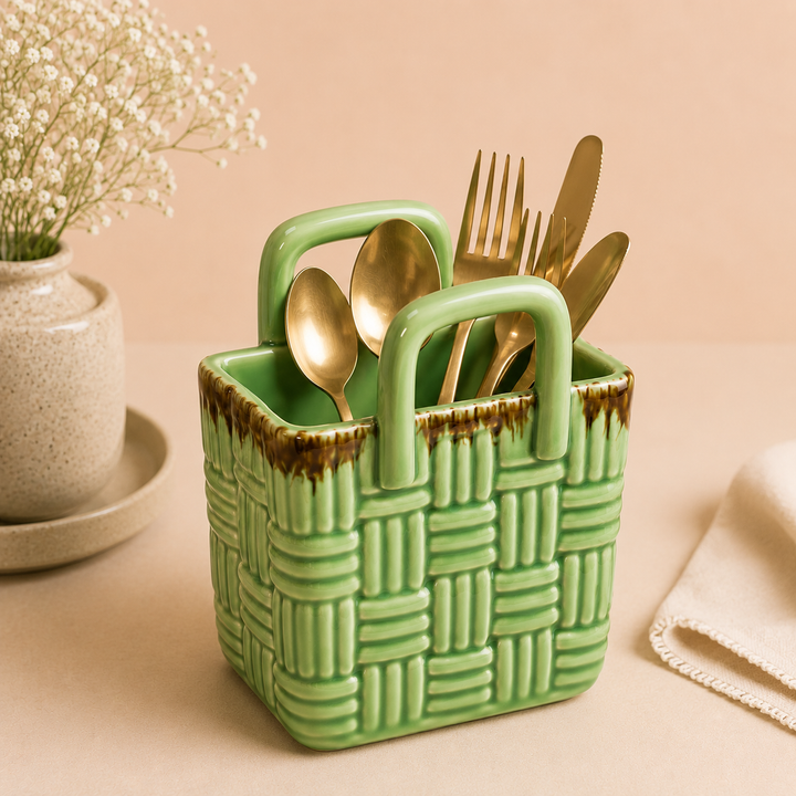 Athena Home Ceramic Storage Basket | Decorative Organizer with Handles | Multipurpose Tabletop Basket