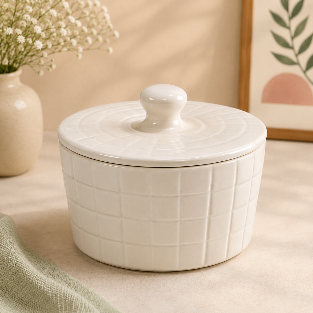 Athena Home White Ceramic Storage Jar with Lid | Multipurpose Kitchen Canister |1500 ml