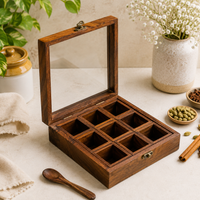 Athena Home Sheesham Wooden Spice Box with Spoon | 9 Compartments | Glass Lid | Removable Partitions