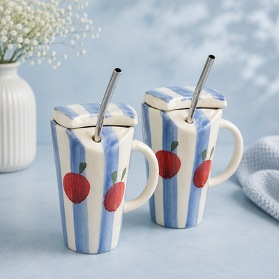 Athena Home Ceramic Travel Mug Set of 2 with Lid & Stainless Steel Straw | Apple Print | 450 ml