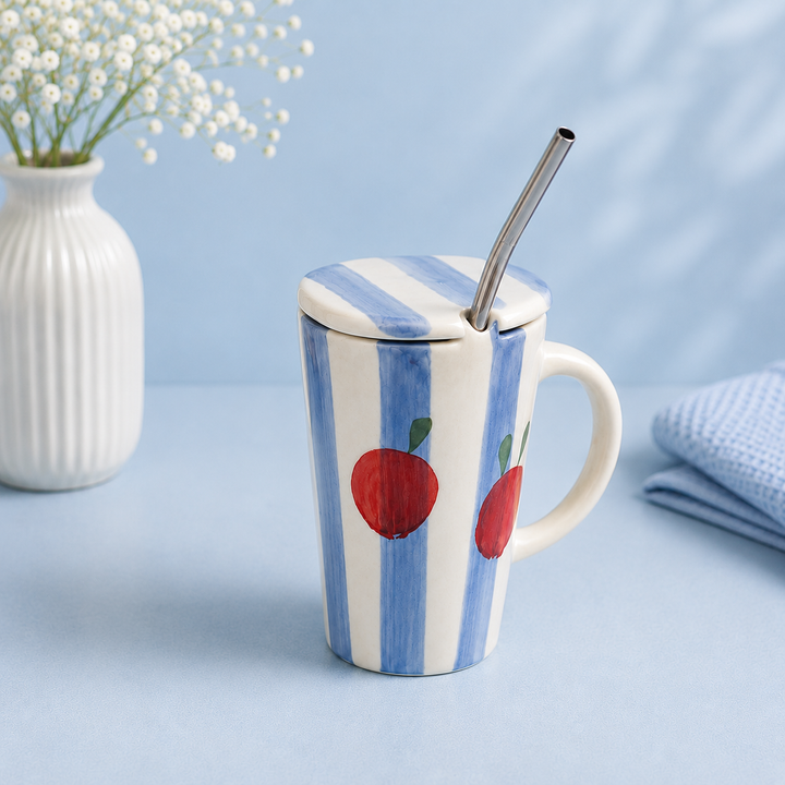 Athena Home Ceramic Travel Mug Set of 1 with Lid & Stainless Steel Straw | Apple Print | 450 ml