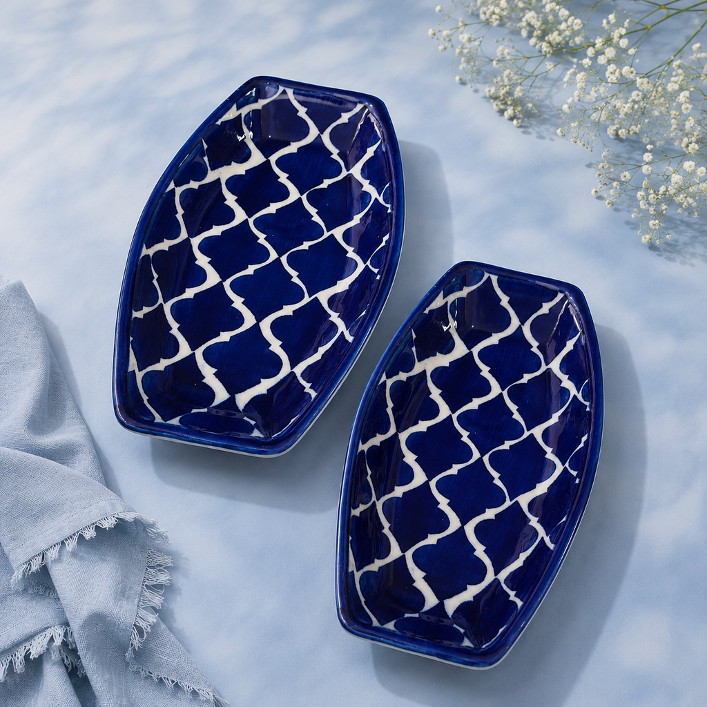 Athena Home Blue Ceramic Serving Plate Set of 2 | Handpainted Oval Platters | Multipurpose Serving Dishes