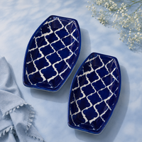 Athena Home Blue Ceramic Serving Plate Set of 2 | Handpainted Oval Platters | Multipurpose Serving Dishes