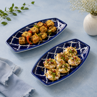 Athena Home Blue Ceramic Serving Plate Set of 2 | Handpainted Oval Platters | Multipurpose Serving Dishes