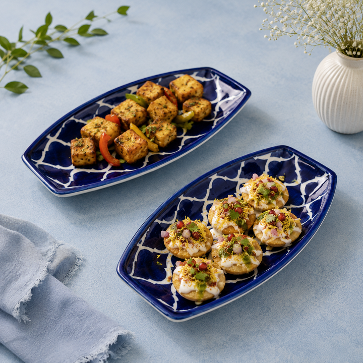 Athena Home Blue Ceramic Serving Plate Set of 2 | Handpainted Oval Platters | Multipurpose Serving Dishes