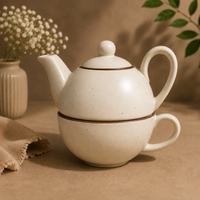 Premium Ceramic Stackable Teapot with Cup Set | Speckled Matte Beige with Brown Rim | Handcrafted Stoneware | Microwave & Dishwasher Safe
