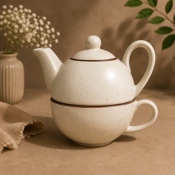 Premium Ceramic Stackable Teapot with Cup Set | Speckled Matte Beige with Brown Rim | Handcrafted Stoneware | Microwave & Dishwasher Safe