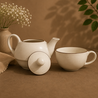 Premium Ceramic Stackable Teapot with Cup Set | Speckled Matte Beige with Brown Rim | Handcrafted Stoneware | Microwave & Dishwasher Safe