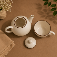 Premium Ceramic Stackable Teapot with Cup Set | Speckled Matte Beige with Brown Rim | Handcrafted Stoneware | Microwave & Dishwasher Safe