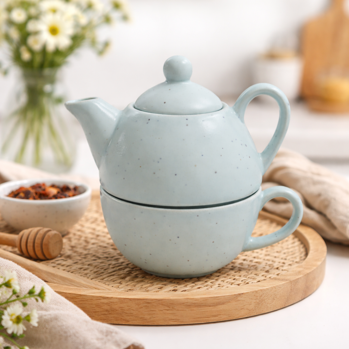 Pastel Blue Ceramic Tea Pot with Cup Set | Tea for One Teapot & Cup Combo