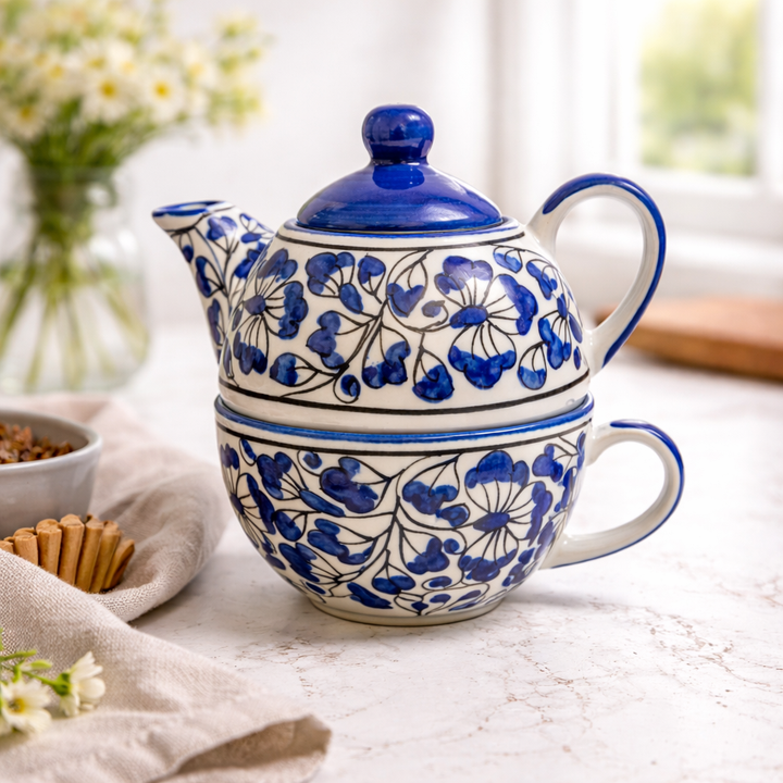 Indigo Floral Ceramic Tea Pot with Cup Set | Tea for One Teapot & Cup Combo