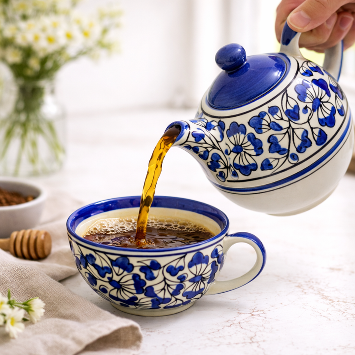 Indigo Floral Ceramic Tea Pot with Cup Set | Tea for One Teapot & Cup Combo