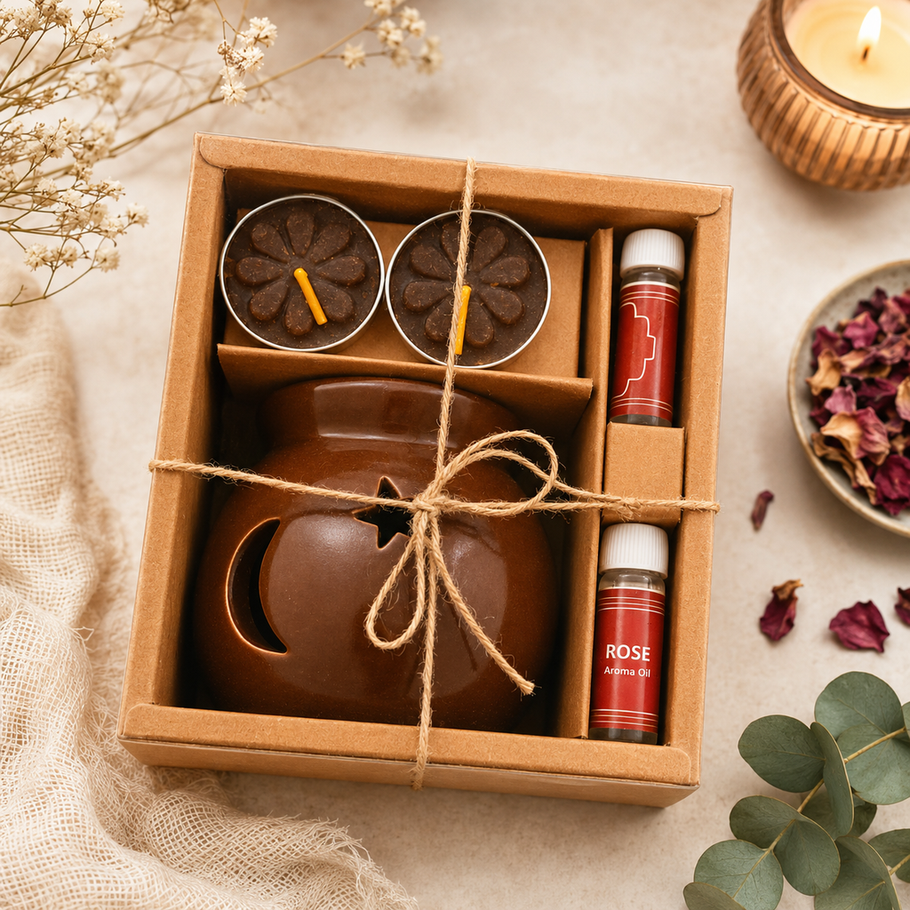 Rose Aroma Gift Set – Ceramic Oil Burner with Aroma Oils & Tealight Candles | Home Fragrance & Relaxation Gift Box