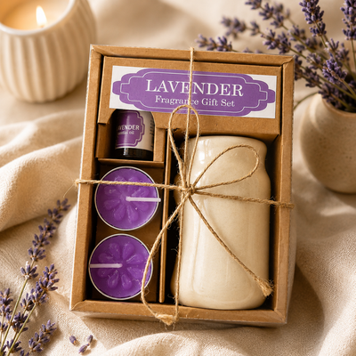 Lavender Fragrance Gift Set – Ceramic Aroma Diffuser with Essential Oil & Tealight Candles | Relaxation & Home Fragrance Gift Box