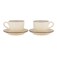 Premium Ceramic Cup & Saucer Set | Set of 2| Speckled Beige with Brown Rim | Handmade Stoneware Tea & Coffee Cup