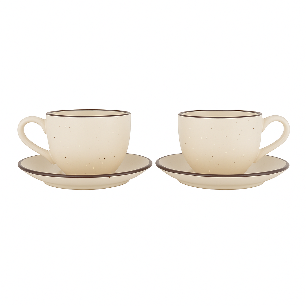 Premium Ceramic Cup & Saucer Set | Set of 2| Speckled Beige with Brown Rim | Handmade Stoneware Tea & Coffee Cup