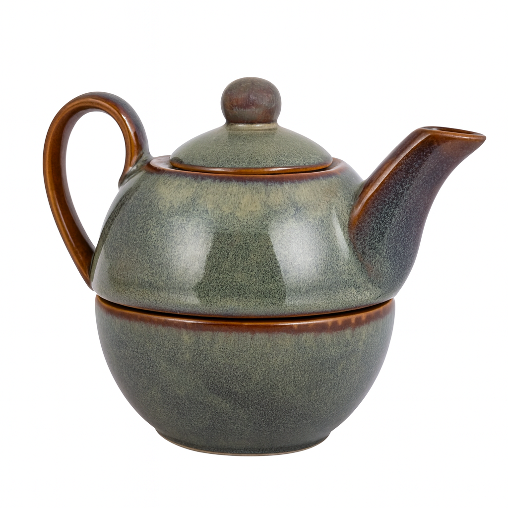 Premium Stackable Ceramic Teapot with Cup Set | Handcrafted Stoneware Tea Pot & Cup | Dual Tone Green Brown | Microwave & Dishwasher Safe | Elegant Tea Serving Set