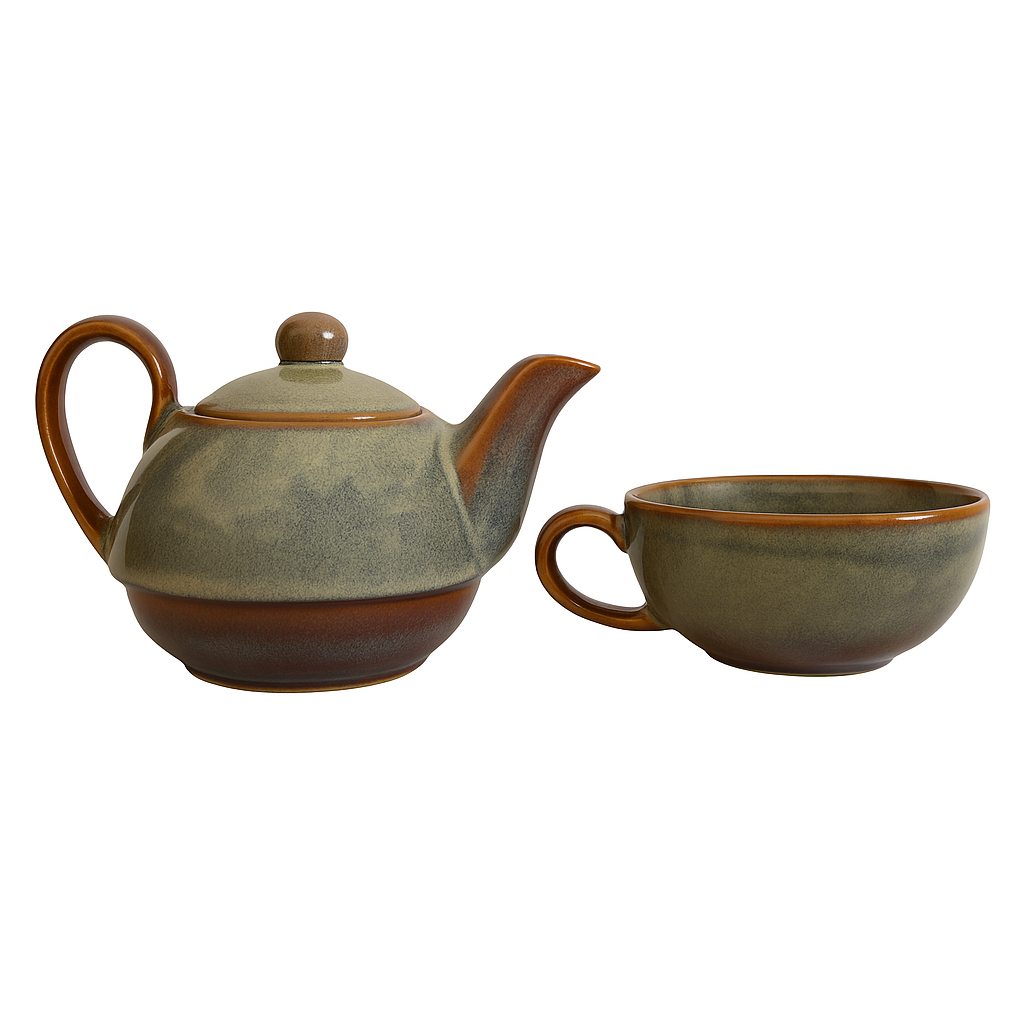 Premium Stackable Ceramic Teapot with Cup Set | Handcrafted Stoneware Tea Pot & Cup | Dual Tone Green Brown | Microwave & Dishwasher Safe | Elegant Tea Serving Set