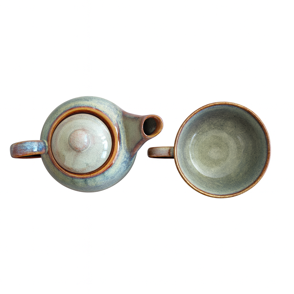 Premium Stackable Ceramic Teapot with Cup Set | Handcrafted Stoneware Tea Pot & Cup | Dual Tone Green Brown | Microwave & Dishwasher Safe | Elegant Tea Serving Set