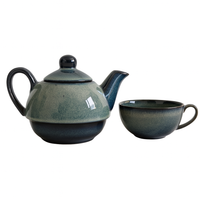 Premium Ceramic Stackable Teapot with Cup Set | Handcrafted Dual-Tone Green Stoneware | Space-Saving Design | Microwave & Dishwasher Safe