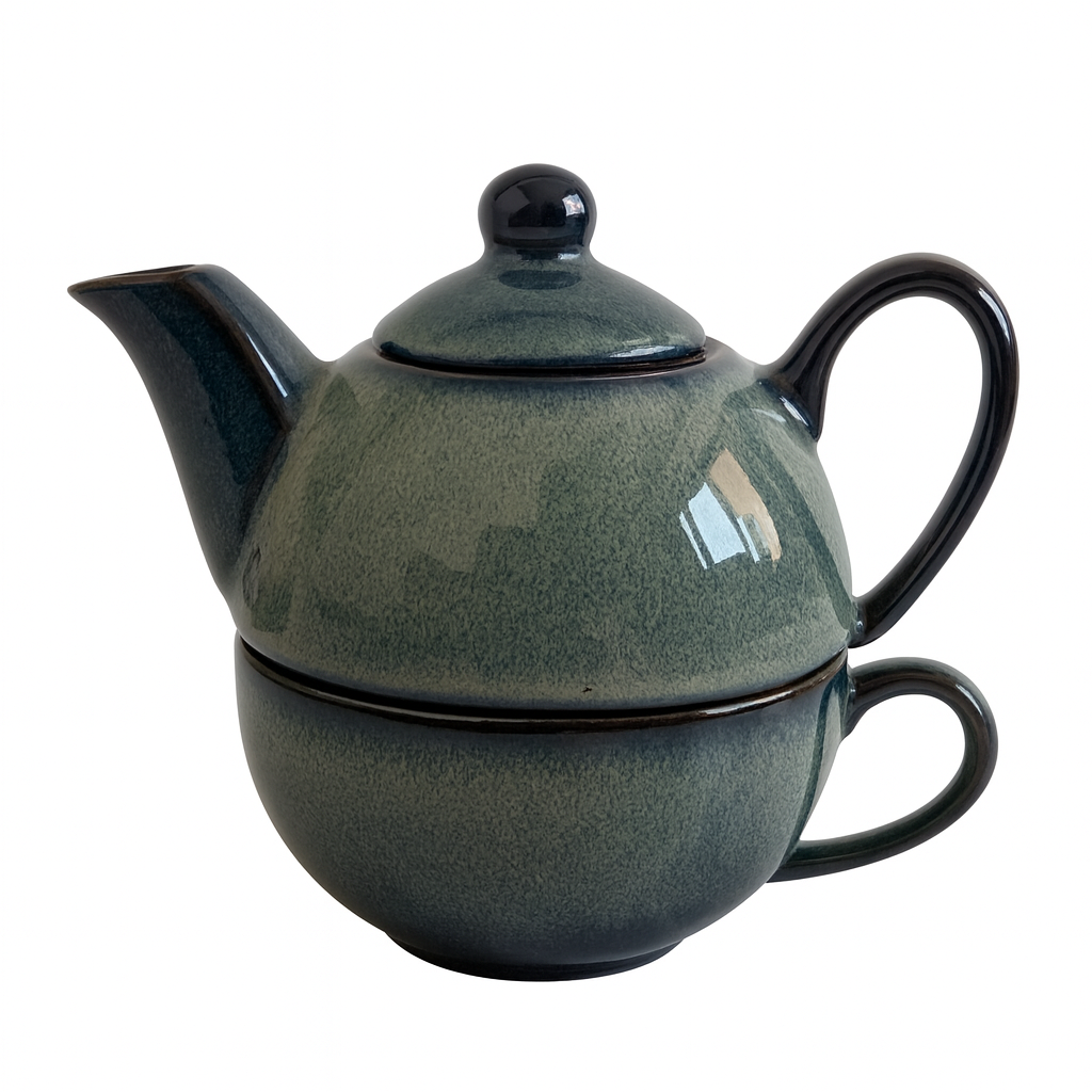 Premium Ceramic Stackable Teapot with Cup Set | Handcrafted Dual-Tone Green Stoneware | Space-Saving Design | Microwave & Dishwasher Safe