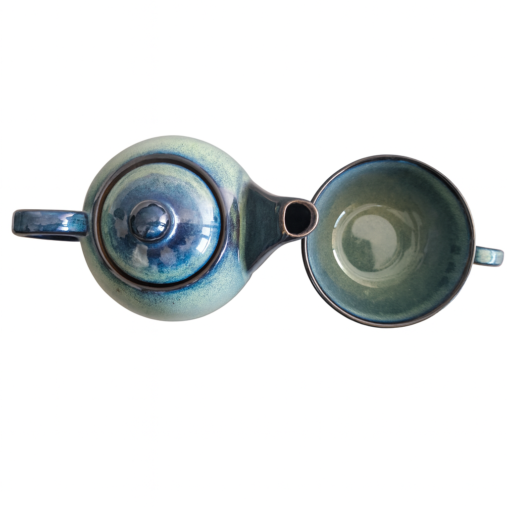 Premium Ceramic Stackable Teapot with Cup Set | Handcrafted Dual-Tone Green Stoneware | Space-Saving Design | Microwave & Dishwasher Safe