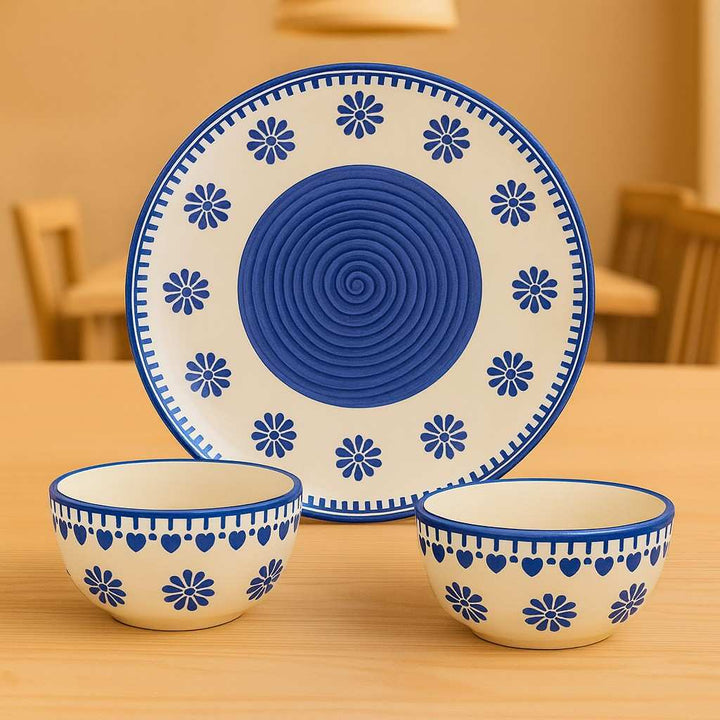 Blue Heart Ceramic Dinnerware Set | Handcrafted Dinner Plate with Matching Bowls | Premium Tableware Collection