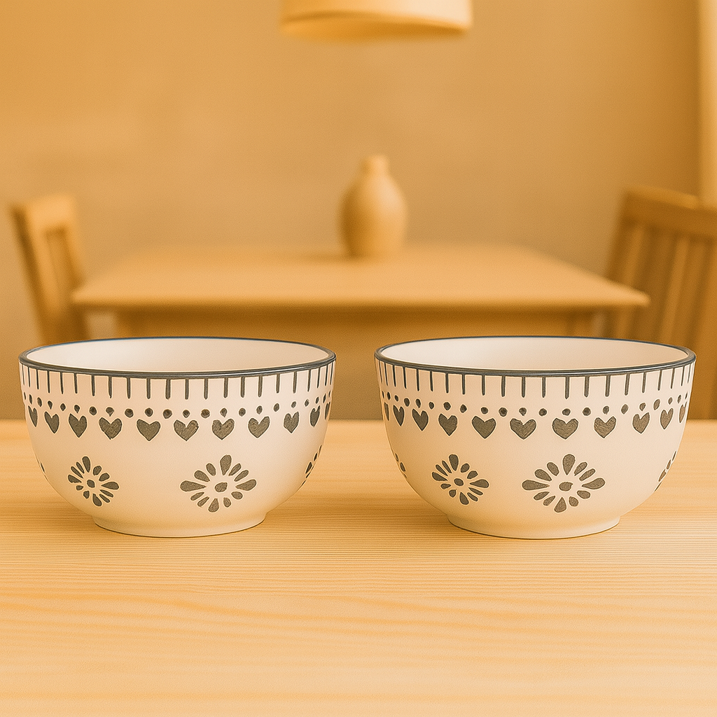 Set of 2 Grey Heart Design Ceramic Bowls | Handcrafted Multipurpose Snack & Dessert Bowls | Premium Kitchenware