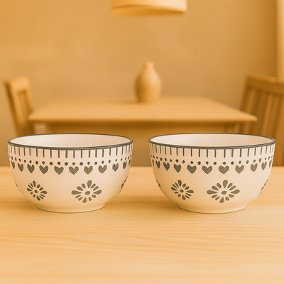 Set of 2 Grey Heart Design Ceramic Bowls | Handcrafted Multipurpose Snack & Dessert Bowls | Premium Kitchenware