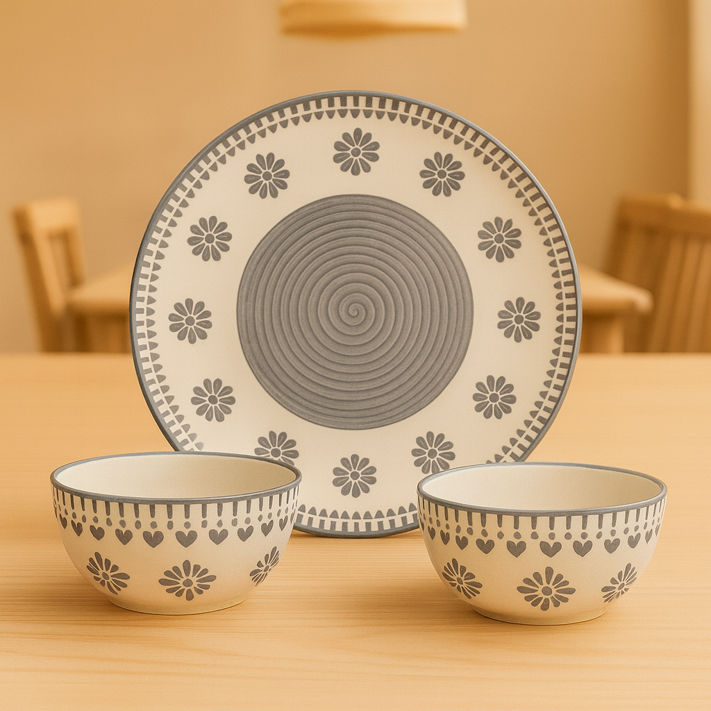 Grey Heart Ceramic Dinnerware Set | Handcrafted Dinner Plate with 2 Matching Bowls | Minimalist Premium Tableware