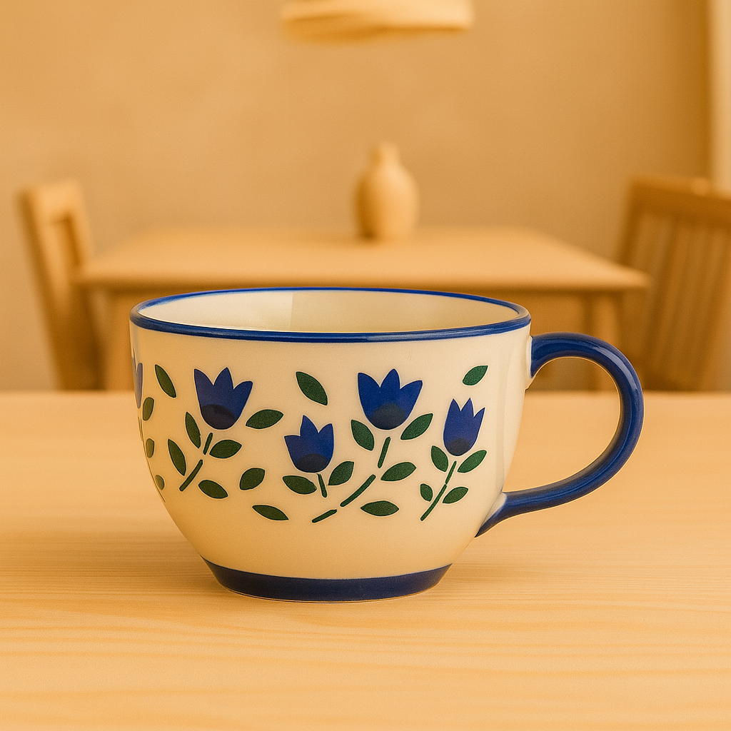 Handcrafted Ceramic Mug | Blue Floral Design | Premium Coffee & Tea Cup | Microwave & Dishwasher Safe