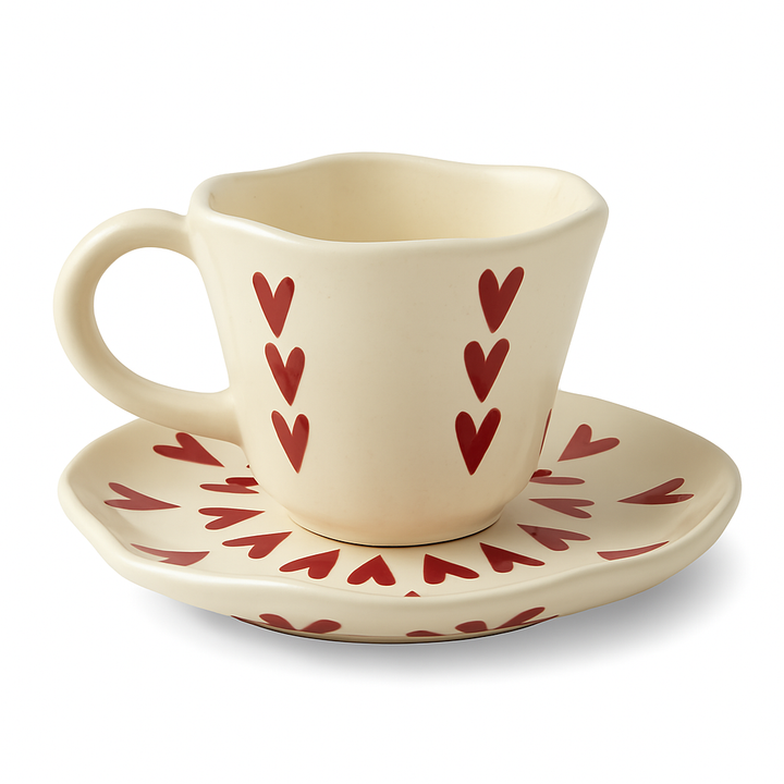 Handcrafted Heart Print Ceramic Cup & Saucer Set | Cream Coffee & Tea Mug for Gifting