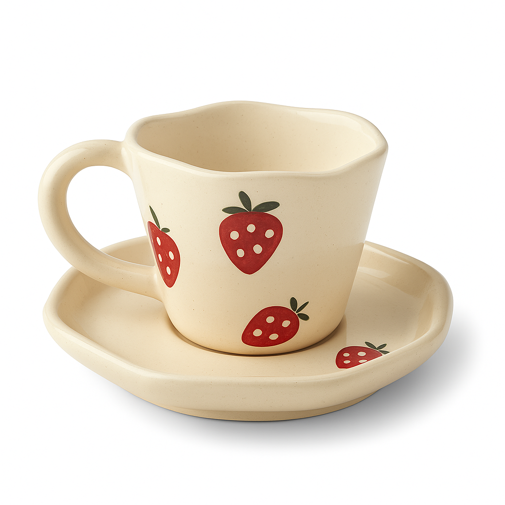 Handcrafted Strawberry Ceramic Cup & Saucer Set | Cream Coffee & Tea Mug for Home