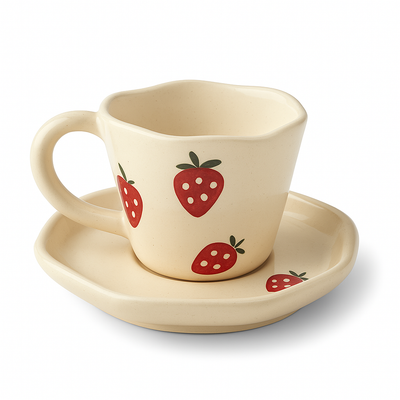 Handcrafted Strawberry Ceramic Cup & Saucer Set | Cream Coffee & Tea Mug for Home