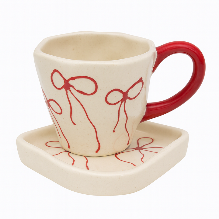 Handcrafted Bow Design Ceramic Cup & Saucer Set | Elegant Cream & Red Drinkware for Home