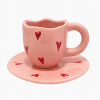 Handcrafted Heart Design Ceramic Cup & Saucer Set | Pastel Pink