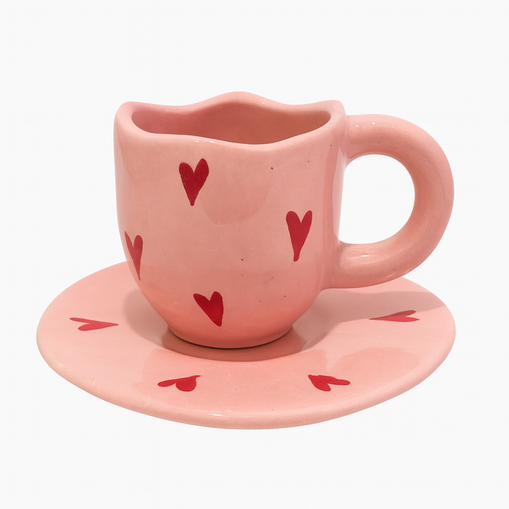 Handcrafted Heart Design Ceramic Cup & Saucer Set | Pastel Pink