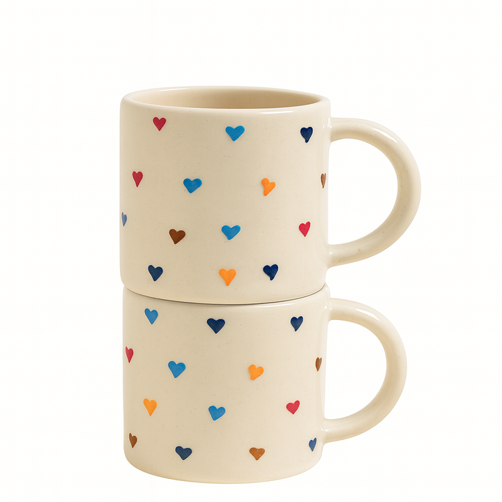 Set of 2 Multicolor Heart Ceramic Mugs | Handcrafted Coffee & Tea Cups for Home & Gifting