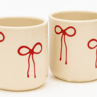 Set of 2 | Handcrafted Bow Design Ceramic Mug | Cream & Red Coffee & Tea Cup | Artistic Ceramic Drinkware by Athena Home