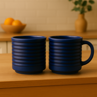 Blue Ceramic Mugs with Ribbed Design | Set of 2