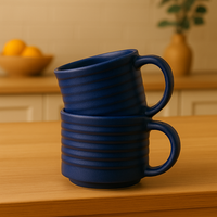 Blue Ceramic Mugs with Ribbed Design | Set of 2